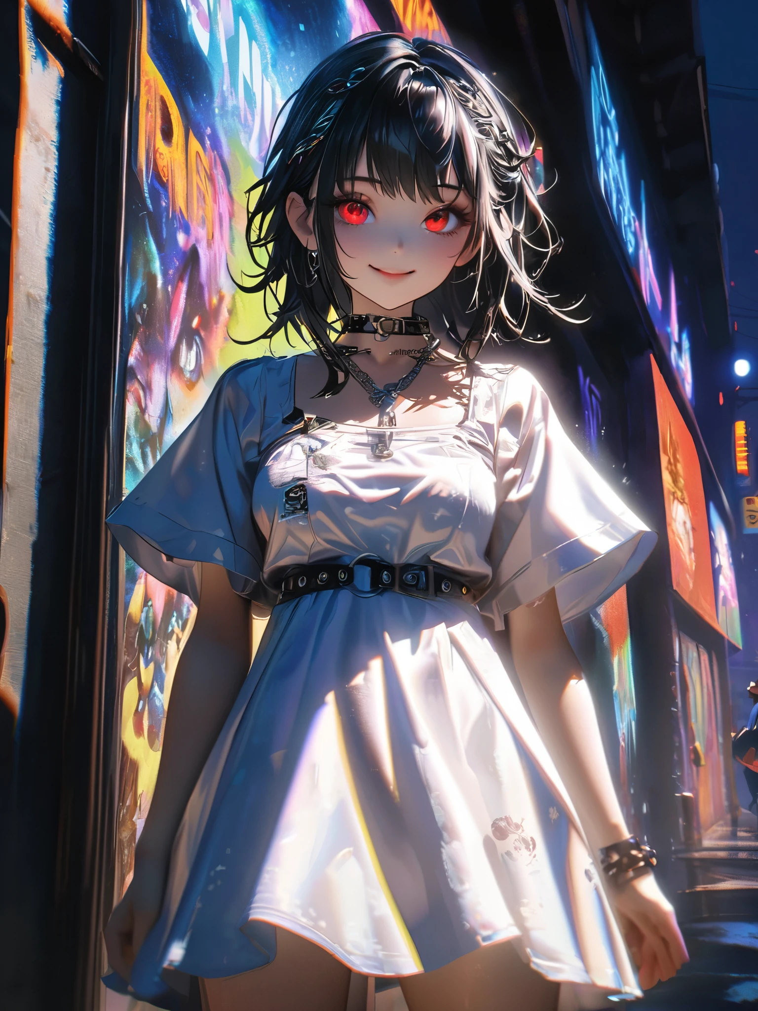 1 person, chromatic aberration, Written boundary depth, Soft Light, masterpiece, Highest quality, complicated, Tone Mapping, A place where fireworks are set off at festivals. Concept Art, Smooth, Clear focus, Dramatic lighting, Very cinematic, super practical painting, アートステーション's trending, 8k, Incredible Shadows, practical, whole body, View, Viewers, Portrait of a Girl 1, standing on street corner, Heavy rain and lightning、Dark Sky, neon and cyber punk background, she is dressed in punk clothing with silver chains and silver spikes, Her hair was dyed a bright black color..........Ominous aura of light, smile, punk, ciber punk, Backlight.Fashionable clothes、Friendly dress code:wearing cute white dress.My breasts are a little big.Beautiful red eyes