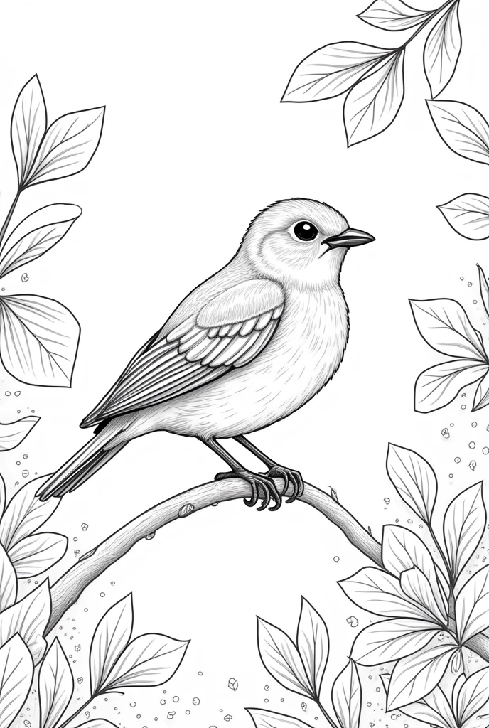 little thrush bird on branch with leaves and flowers beside black and white image to color