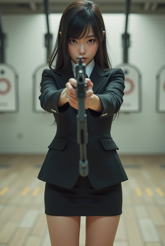real person realistic beautiful sweet big eyes japanese stewardess mini skirt standing stance legs open wide spreading full portrait holding rifle gun pointing at you front facing aiming at you shooting range sexy legs
