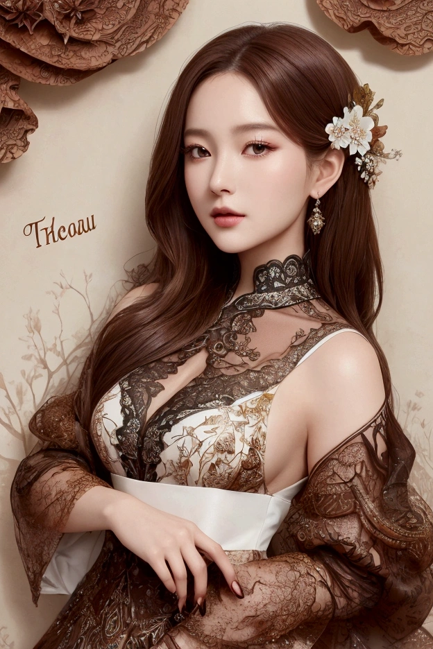 oh,your beautiful woman,wearing an elegant dress,mahogany brown hair, hyperdetailed gown, thank you for the beautiful photos, Spring scenery, Surreal ink Art on aged paper, Tear_paper_Art; Stunning and unique creation. perfect composition. detailed. 8K resolution.