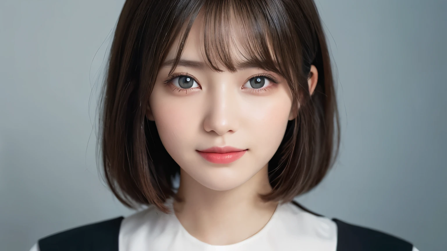 Silver Background, Full body portrait, Looks very happy, smile, One Girl, (Beautiful girl, Delicate girl:1.3), (20-year-old:1.3), (Black Suit、White blouse), Very beautiful eyes, (Symmetrical eyes:1.3), C cup breasts, Brown eyes, Parted bangs, short hair, (Eye and facial details:1.0), (masterpiece, Highest quality, Super detailed, Detailed face, 8k)