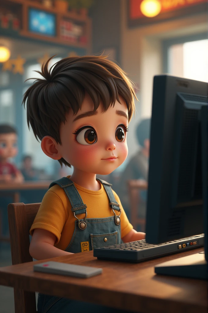 Child with Down syndrome and cleft lip in an internet cafe