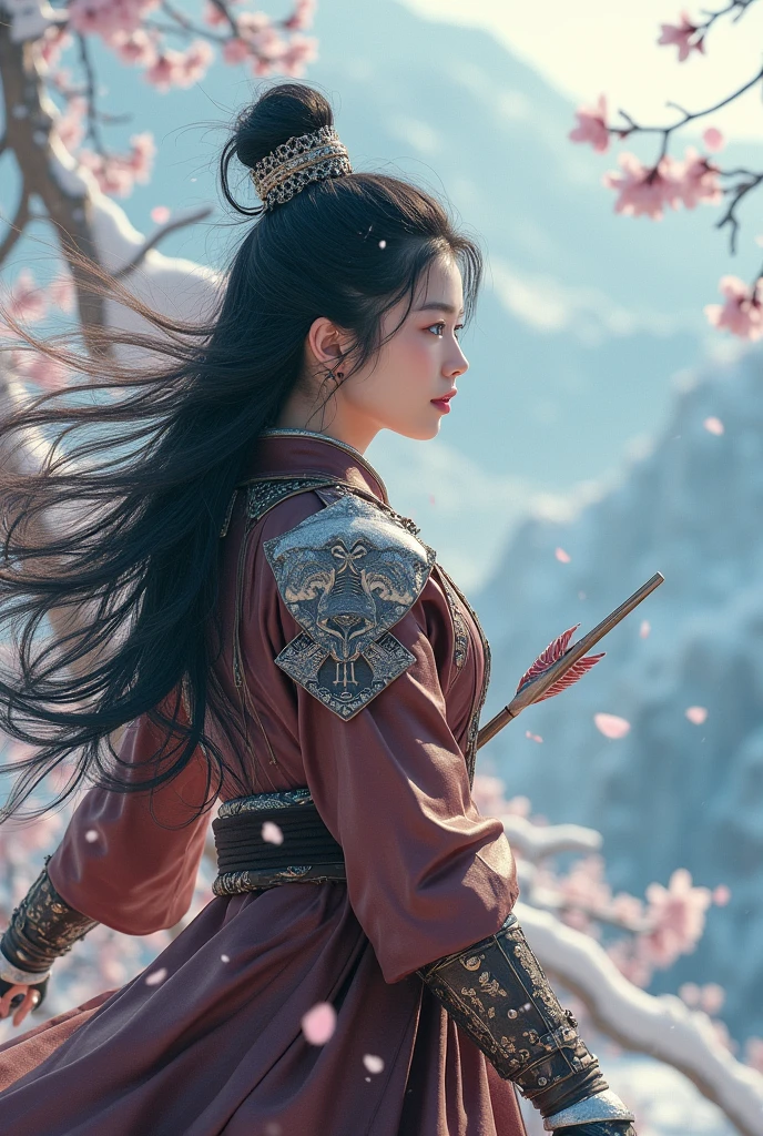 (masterpiece, best quality, beauty, best ratio, best shadows,best Illustration, wallpaper size,1080×2400 pixels, detailed face, pastel colors) china theme.
uhd, china female kungfu, korean beauty like tae yon, dancing, face fully visible, shining blue eyes, windblown hair, wear brown mate full general leather. armory with big elegant swans emblem, hand holding arrow emits red energy with a commanding presence, on top of the snowing sakura tree. morning sky snowing mountain, snow deer seen on far away. use the RenderMan renderer.digital art. High definition, high contrast,high color saturation,128k,cinematic lighting, intricate,cinematic advertising photograph,cinema lens, super high res.