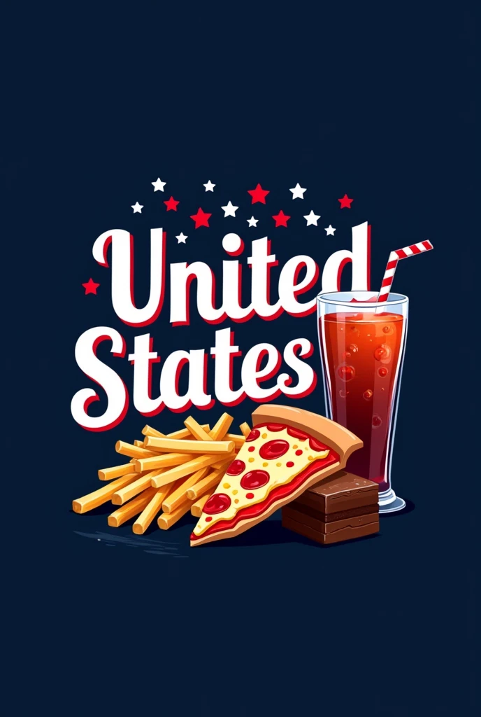 A logo with a dark blue background, in the center the name UNITED STATES, in white Raleway font with red outline,  a delicious slice of pizza, on the right a glass of soda with bubbles, below the text a portion of golden fries and brownie without filling