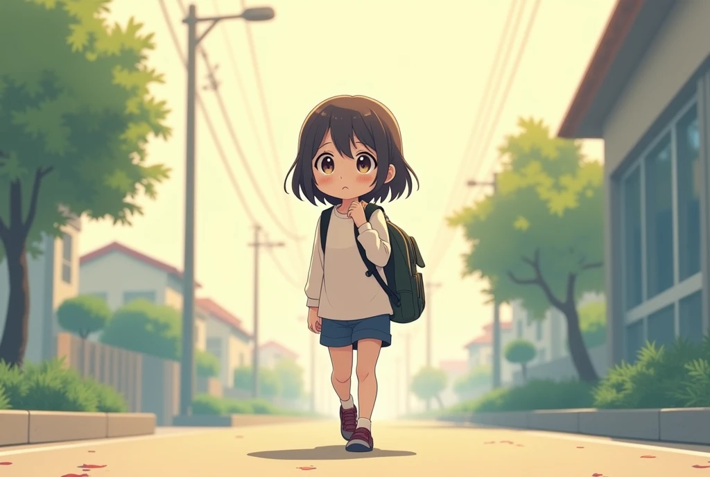 Going home unhappy after school，Cartoon，可爱Cartoon，可爱Cartoon风格，maternal love，Cute illustration，Clean anime art，Simple background