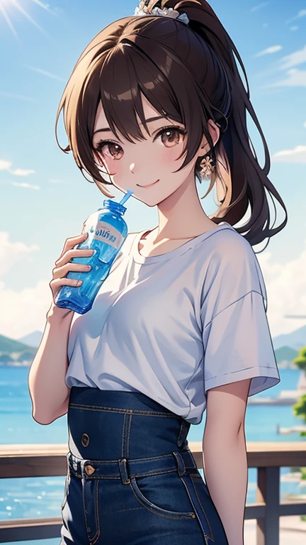 Highest quality, masterpiece, Ultra-high resolution, 8k,,Spring Sky,((Spring Outfits)),Show anime style , One, Soft Line Art, Digital Enhancement, shojo anime touch, shojo manga core, Flowing fabric, close, Soft Drawing, Ultra High Definition Digital Anime Art, Clear facial depiction, Highly detailed girl manga character art, Ultra-detailed manga style, Highest qualityの色, 
(Brown ponytail),Staring at us from the front,Beautiful brown hair, Clear brown eyes, A little chubby,Small breasts,Small butt,(((Teasing Smile))),
Summer landscape,T-shirt and jeans,Sunshine,Sweat on the forehead,(((Drinking bottled water))),I hold my hands up in the dazzling sunlight