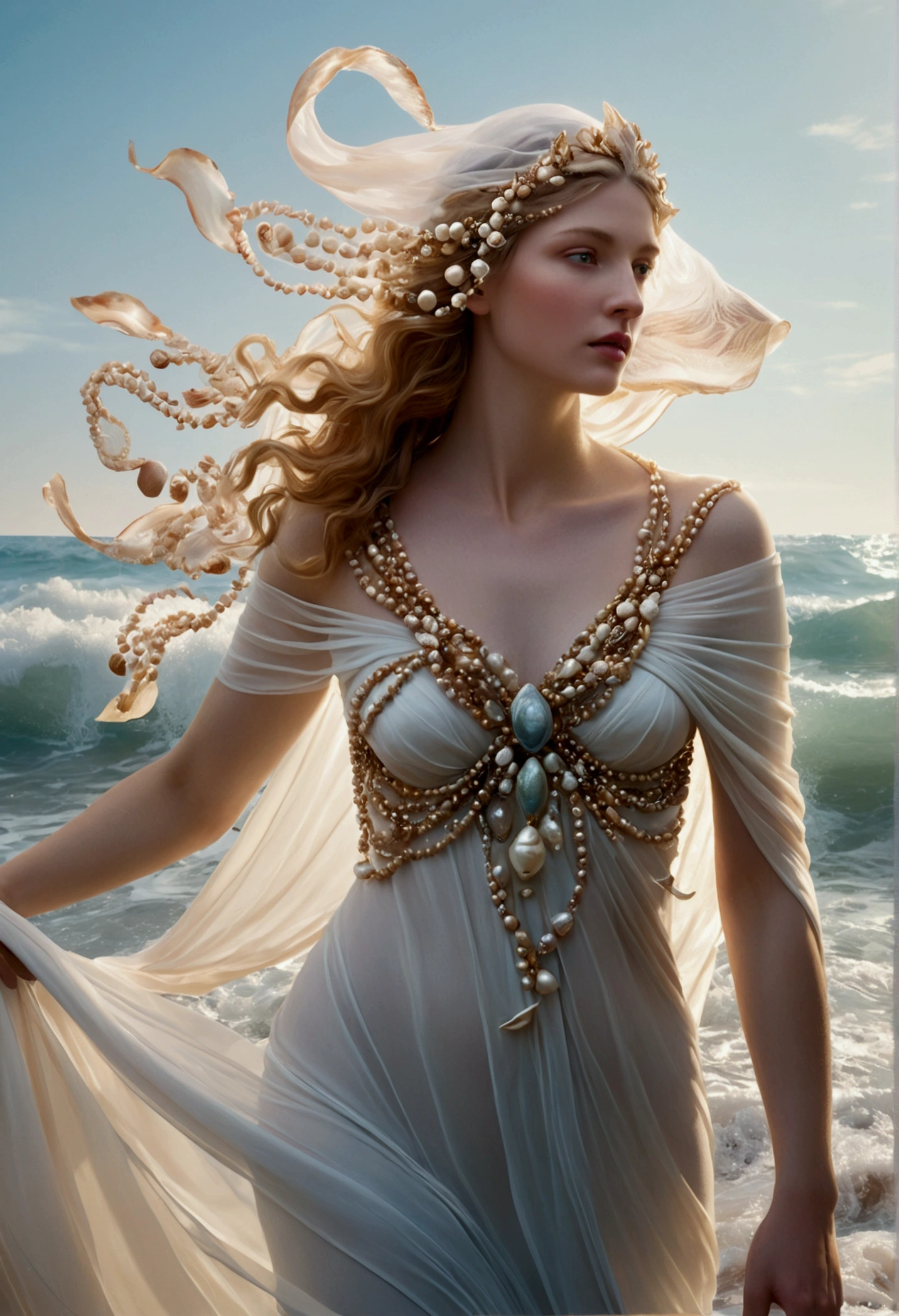 Aphrodite emerging from the waves of the sea, surrounded by shells and pearls, with a translucent veil fluttering in the wind.