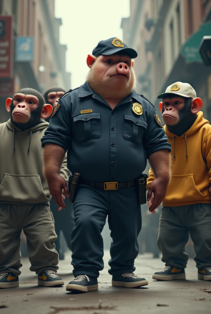 Cop pig &  angry monkeys wearing sweatshirt, baggy, sneakers and baseball cap

