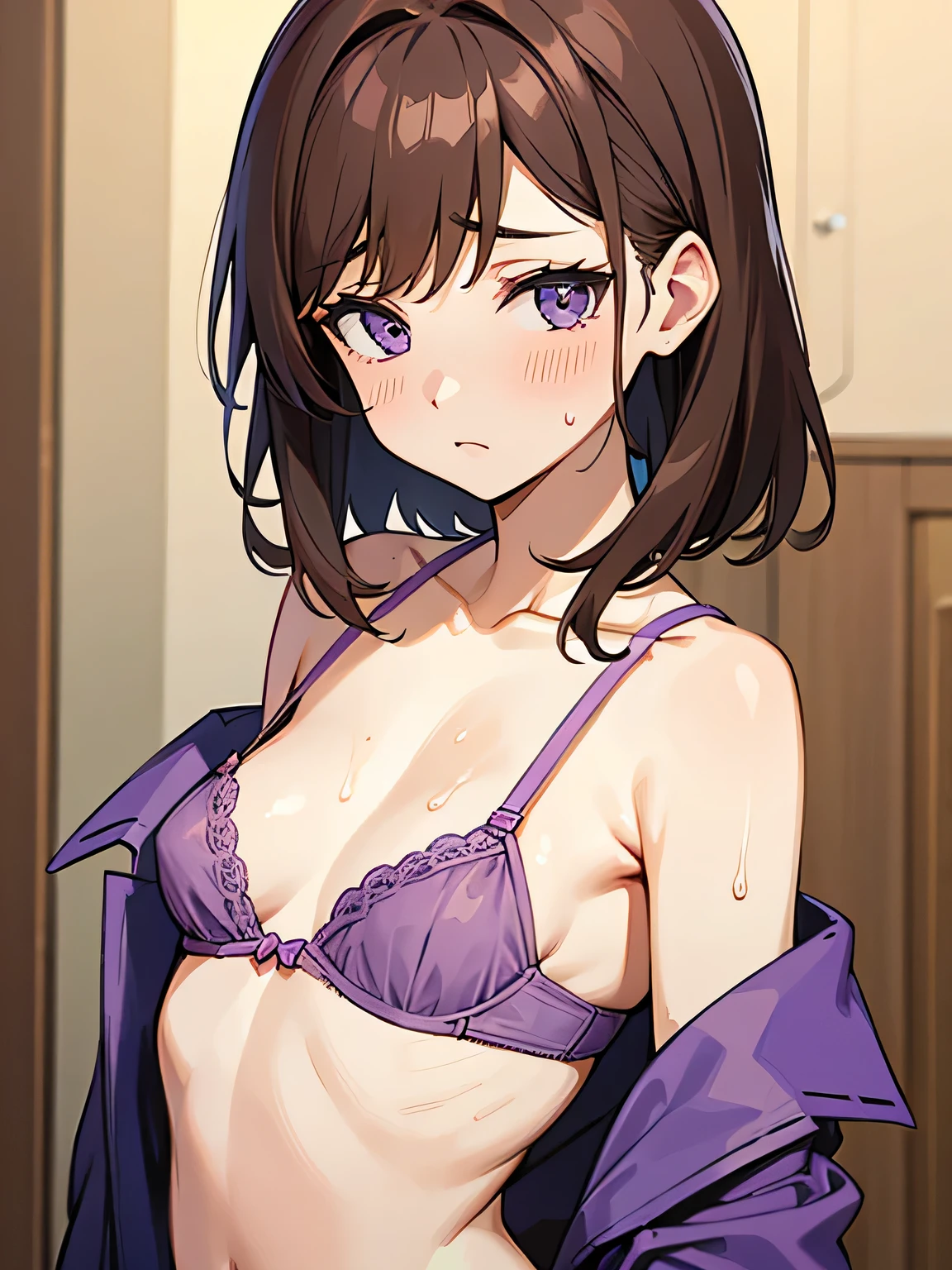 woman、Purple bra、Brown Hair、Medium Hair、is nervous、Small breasts、Sweat