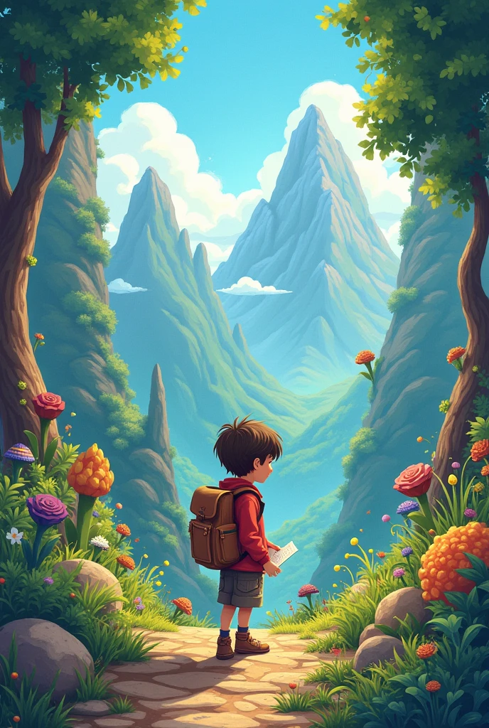 Creating adventurous autistics, Children's book style illustration, I decided to keep a journal to record my surprising discoveries.. He receives a magical invitation to visit Dreamland., A place filled with amazing landscapes and mysterious creatures. With a backpack and a map, Lucas goes on a journey, Meeting unexpected friends along the way.