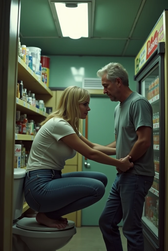 (Old convenience store)blonde white woman.Wear skinny jeans that fit your body well and a short-sleeved T-shirt that fits your body well....squat on the toilet.very big breasts.very big breasts.jib.((8k)).(A woman stands at the convenience store counter.).A middle-aged man holds his pants with both hands and pulls them down in front of a woman..
