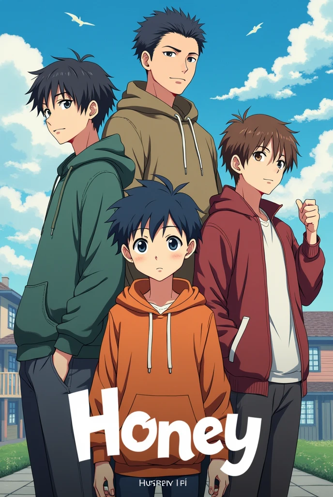 Our anime name is HONEY and we need anime poster name also show in poster 2d anime and in poster 5 boys first boy age is 12 years looking good, friendly, main character , second character age 12 ,silent boy ,third boy is very weak, forth boy is alien and very naughty, fifth boy is very muscular, 2d anime 2d anime High quality 