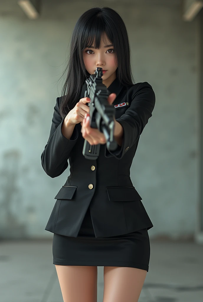 real person realistic beautiful sweet big eyes japanese stewardess mini skirt standing stance legs open wide spreading full portrait holding rifle gun pointing at you front facing aiming at you shooting range sexy legs