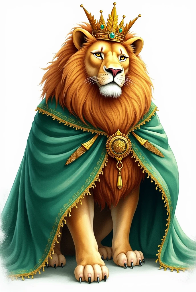 A watercolor painting of a lion wearing a crown and a royal mantle, on white, in the style of emerald green and gold, charming character illustrations, emerald and gold, paint dripping technique, regal expression, gigantic scale, UHD image.
