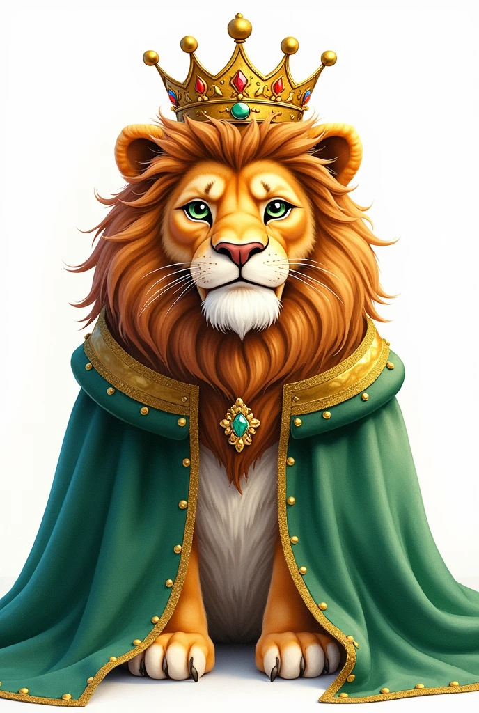 A watercolor painting of a lion wearing a crown and a royal mantle, on white, in the style of emerald green and gold, charming character illustrations, emerald and gold, paint dripping technique, regal expression, gigantic scale, UHD image.