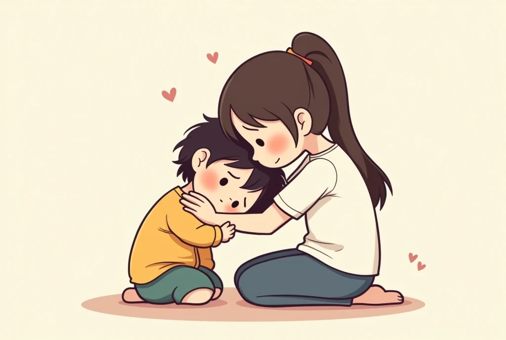 Sad after a quarrel，Cartoon，可爱Cartoon，可爱Cartoon风格，maternal love，Cute illustration，Clean anime art，Simple background