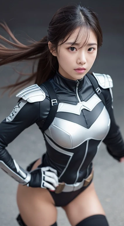 Superhero, 現代のSuperheroのコスチューム, Color Scheme: Black stealth tactical white contrast strategic accent costume details: Insert stripes elegant dynamic logo symbol unique mask and accessories: Black mask with adjustable strap holder buckle fasteners armor and functionality: Padded elbow and knee decorative protective armor plate accents, Girls&#39; Suits, Ninja, With Chinese swords and machine guns, with blue eyes, Chinese woman with bangs, Brave性格, kind, Brave, Decide, On the battlefield, Atmospheric perspective, Motion Blur, 8k, Super Detail, Highest quality, Ultra-high resolution, Attention to detail