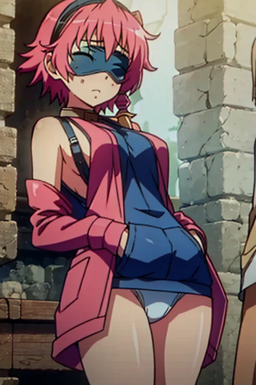 girl in a panty, wearing oven mittens tucked in pockets, blindfold