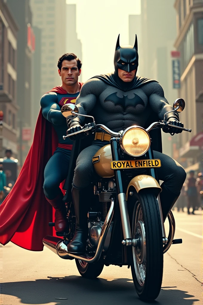 Batman and Superman riding on one Royal Enfield bike