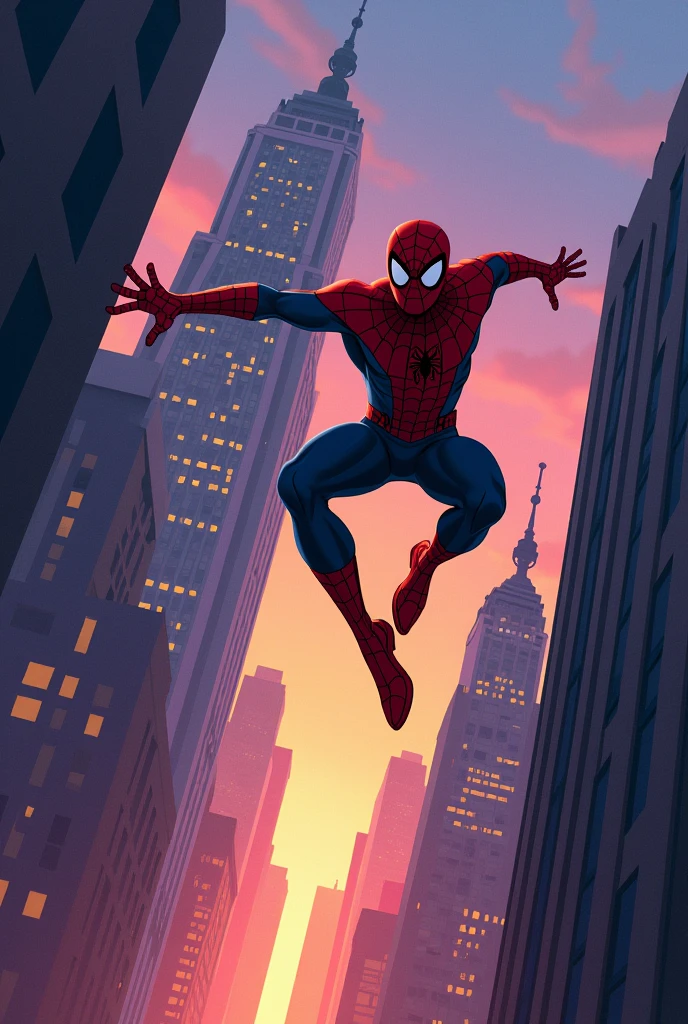 Draw a 2D-style scene with an agile hero in a dynamic pose, swinging between tall buildings in a modern city. Art must have clear and striking contours, with light shading and vibrant colors. Buildings must have a detailed look, but simplified, with lights that suggest dusk. The hero's expression should convey determination and focus as he moves quickly through the scene.. The art style should be reminiscent of 2000s animations, with a rich color palette, but balanced.