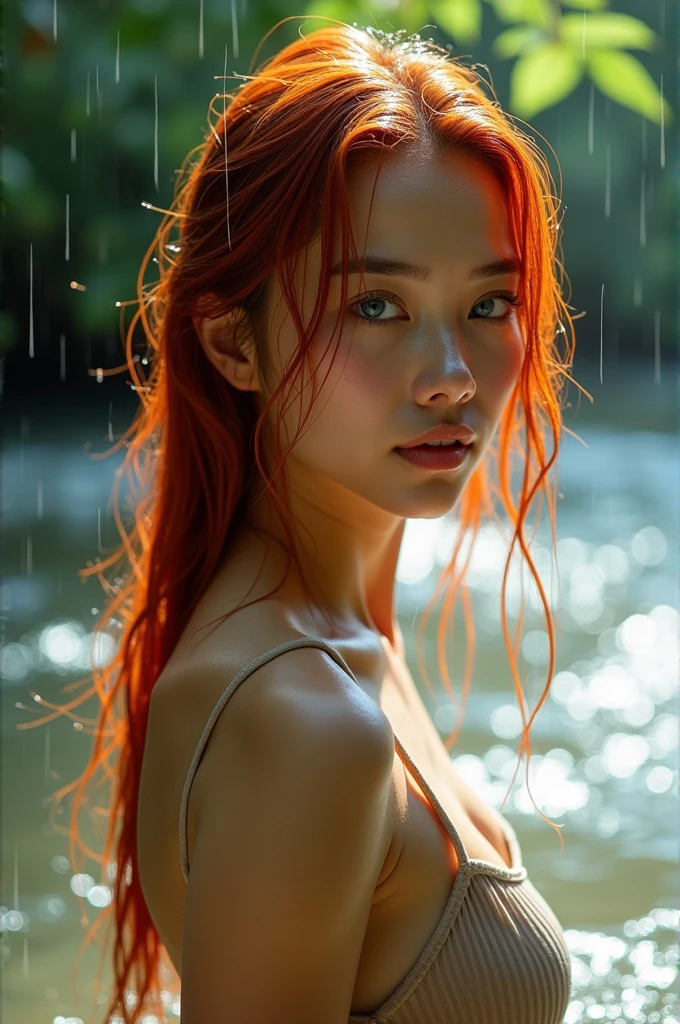 A natural scene amidst flowing water under heavy rain, with trees and slight sunlight filtering through the leaves. In the middle of the river, there's a side profile photograph of a young woman with Thai-Chinese features, blue eyes, and red hair. Her face and hair are drenched from the heavy rain, creating a shimmering effect. The photograph is rich in detail and portrait style, captivating with its intense focus and dramatic setting. She wears a simple beige camisole. Her wet hair and body add to the scene's allure. Taken with a Fujifilm Eterna Vivid 500T camera, the gentle yet continuous movement of water around her is visible. The semi-high angle of the shot clearly shows her wet face and shoulders. The background is filled with nature, trees, and soft sunlight filtering through the leaves, giving the image a natural feel. The light and shadows are well-balanced, adding vibrancy to the overall composition. Natural light focuses on the side of the subject, enhancing the scene.