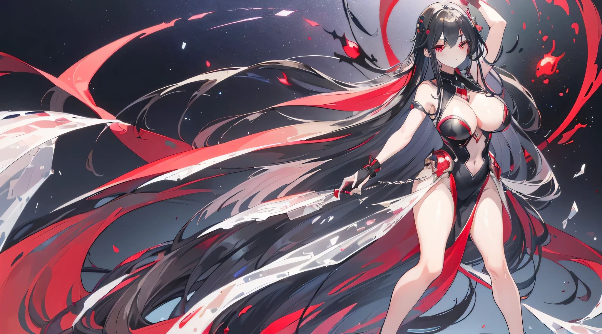 Exquisite eyes),(Clear and beautiful eyes:1.61),masterpiece, ung girl,(Black clothes and some red gems), Black long hair, (She has a huge red gem on her chest), Good Hand,((The Havoc of StarCraft)),full-body shot,Fighting Stance,(Red Eyes:1.466),short and small,(Very big breasts:1.35),(Pretty Face),(full-body shot:1.33),Beautiful hands
