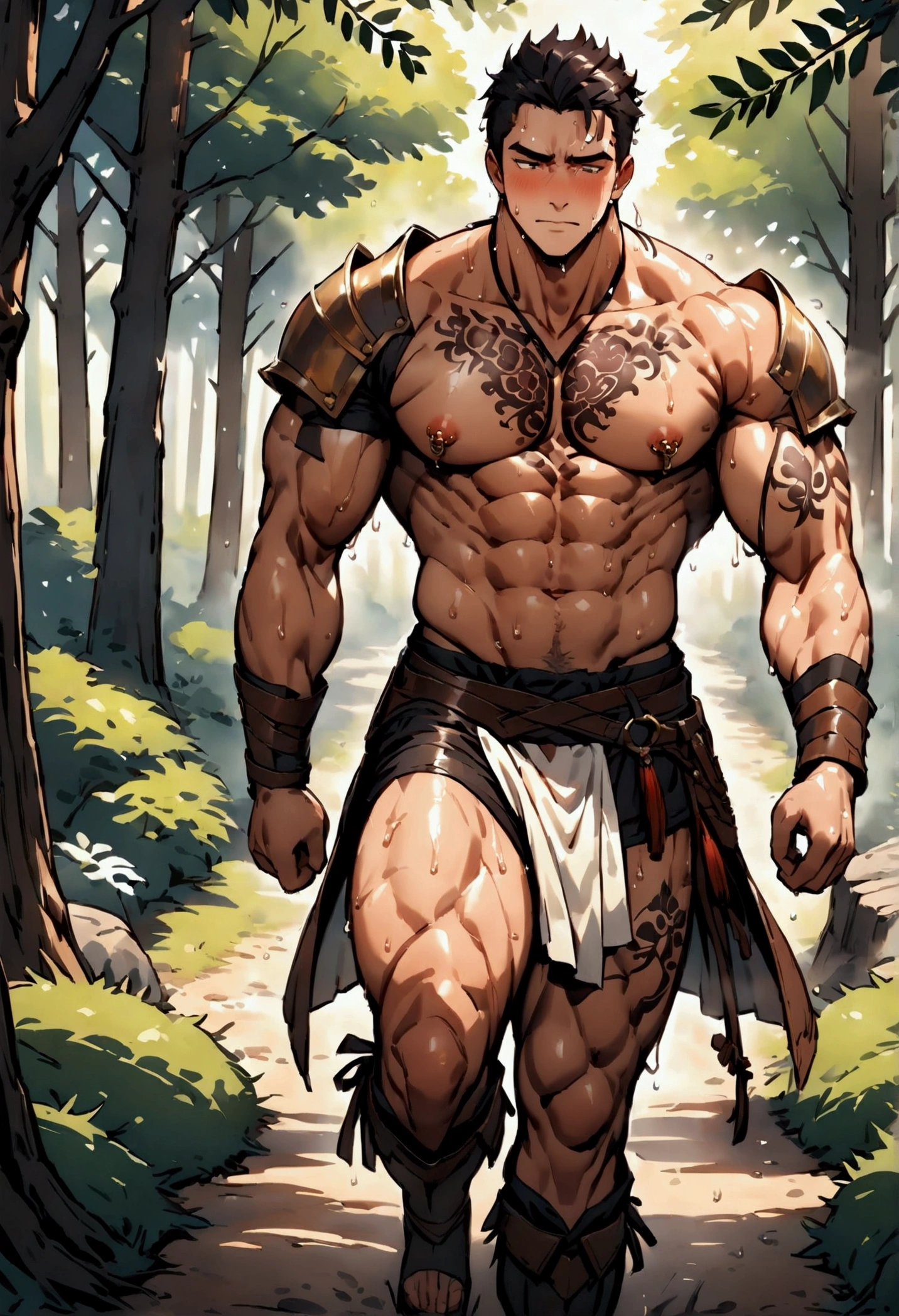 Highest quality、(muscular male:1.5)、(father:0.5)、Short Hair、Embarrassed face、Perfect Erection、trembling、nipple piercing、(sweat:1.4)、steam、tattoo on chest、tattoo on leg、A warrior wearing leather armor with a full view from the front、Walking in the forest
