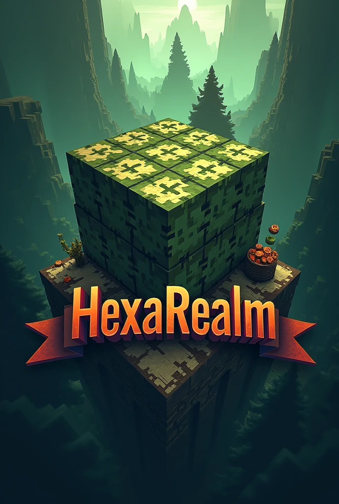 "Create a profile picture for a Minecraft server called &#39;HexaRealm&#39;. The design should represent a community of hardcore survival Minecraft players.. Use a color palette that evokes an adventurous and immersive environment, including shades of dark green, brown and gray. The icon should feature a stylized cube or hexahedron with textures that resemble Minecraft blocks., integrated into a background that suggests an expansive and challenging world, and presence of players in this scenario. Add elements that symbolize exploration and survival, such as mountains, caves and natural resources. The text &#39;HexaRealm&#39; must be prominently displayed, with a font that refers to the style of the game, and the terms &#39;Hexa-players&#39; or &#39;Survival Hardcore&#39; may be included in a banner or banner style, to give a touch of personalization."