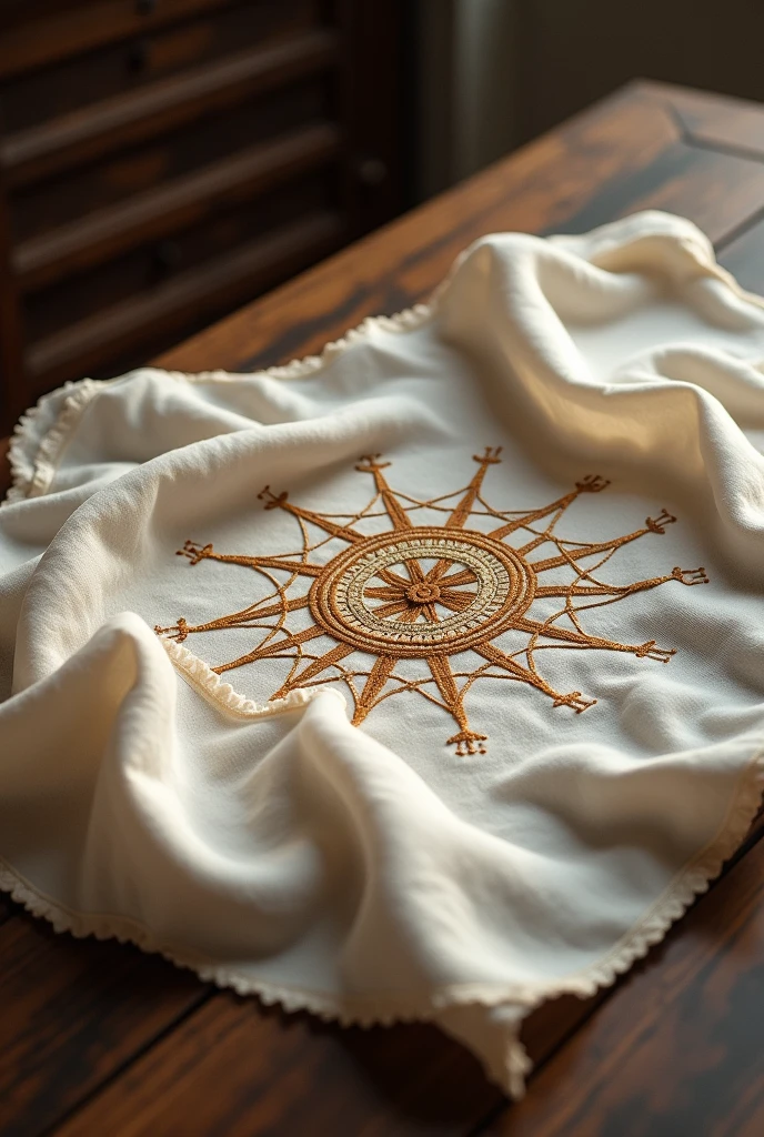 Draw the fabric, on which the wind rose is embroidered (the fabric is lying on the table, year 1812). Add initials A.about.