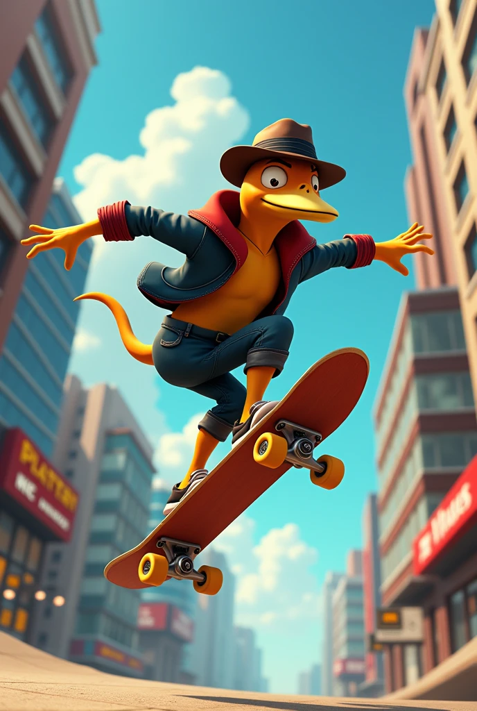 Perry the platypus skateboarding.