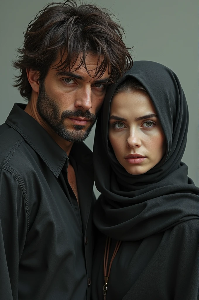 A man with messy hair and a woman in hijab