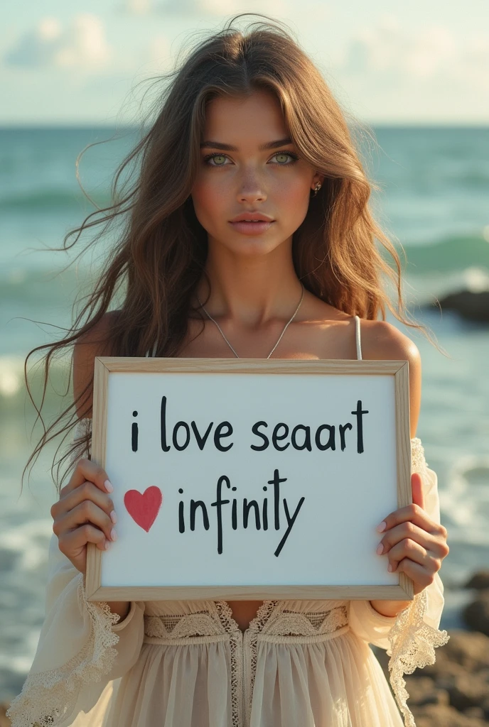 Beautiful girl with wavy long hair, bohemian dress, holding a white board with text "I Love Seaart Infinity" and showing it to the viewer