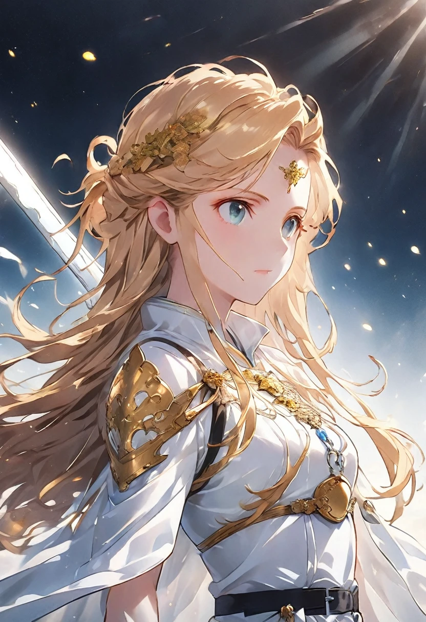 "An anime-style illustration of a strong, radiant female warrior standing confidently, with her entire body visible. She is adorned in gleaming armor with golden accents that reflect the light, and her long flowing hair glows with an ethereal, almost divine light. Her eyes are bright and determined, embodying the essence of courage and bravery. She holds a glowing sword in one hand, with light radiating from the blade, symbolizing her connection to the power of light. The background is a bright, celestial scene with beams of light shining down, casting her in a heroic aura. The overall design should evoke a sense of strength, hope, and the power of light, making it a perfect fit for the 'Brave Music' YouTube channel. The character should be depicted in full-body view, standing tall and confidently.",whole body