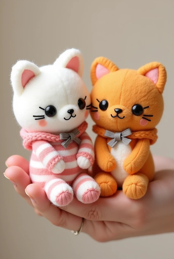 Produk desain,mini plushie, 2 cats, a white cat With pink stripes, a orange cat with white stripes, The material is made of fur doll cloth from the Miniso brand, kawaii design, wearing hoodies and ribbons around their necks, The brand's eyes are made of black amigurumi eyes, and the nose is black, the cat's whiskers are made of black thread ,Head size is larger than body, Product photo with plushie in the palm of the hand