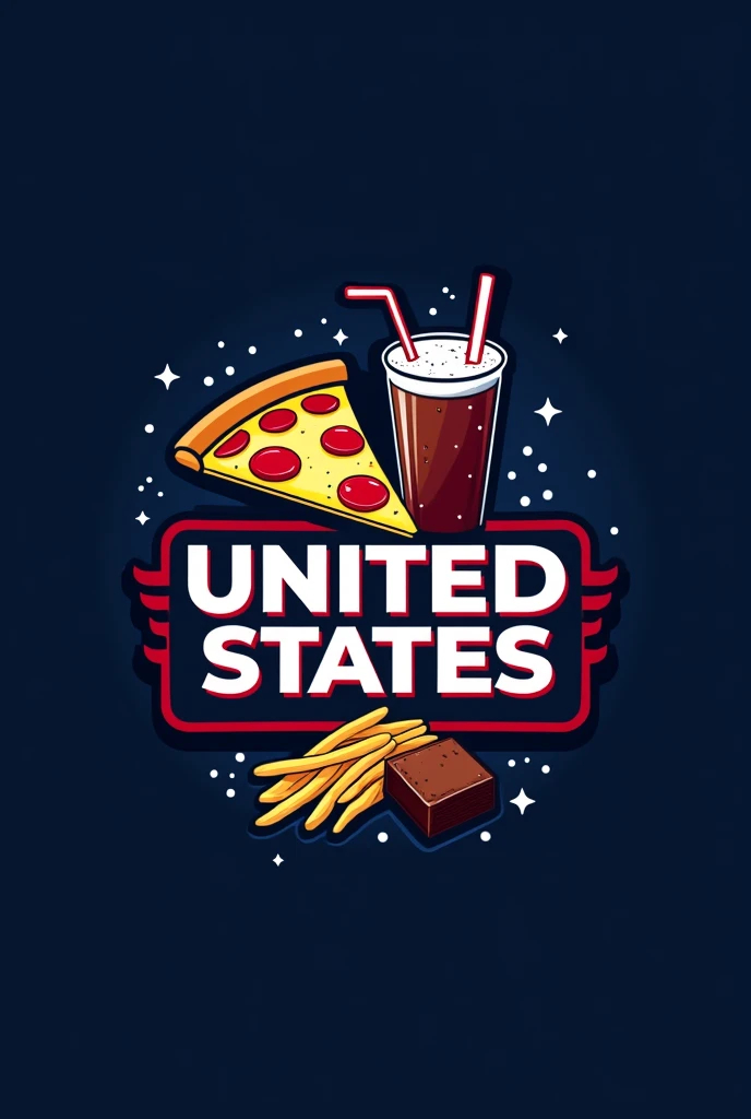 A logo with a dark blue background, in the center the name UNITED STATES, in white Montserrat font with red outline, a delicious slice of pizza, on the right a glass of soda with bubbles, below the text a portion of golden fries and brownie without filling