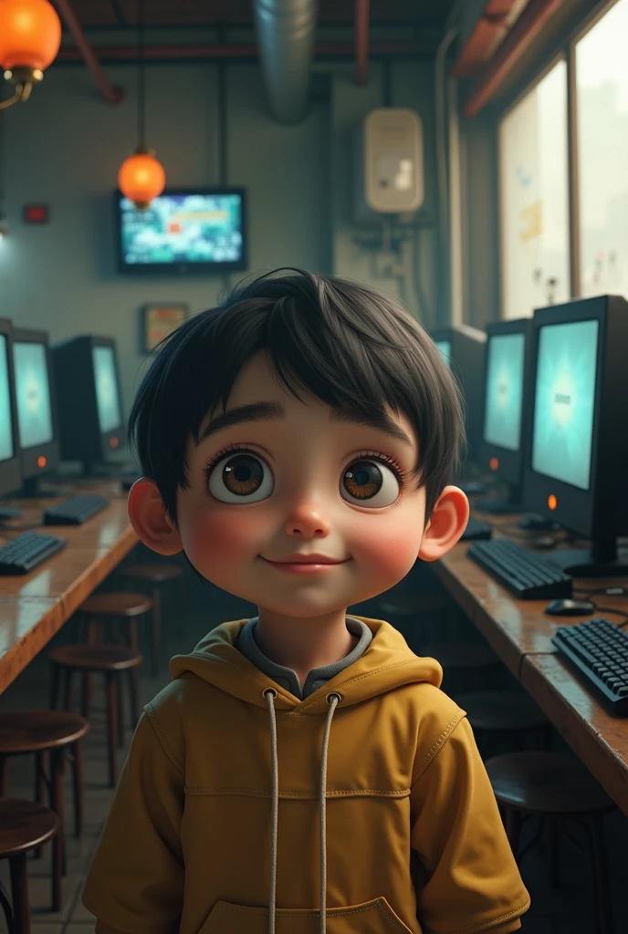 Child with down syndrome with cleft lip in a realistic internet cafe