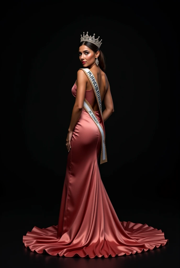 Photoshoot of miss Universe with silk Evening gown, crown and Sash. Black Background. Slim body, beautiful face. From back turn to in front of.