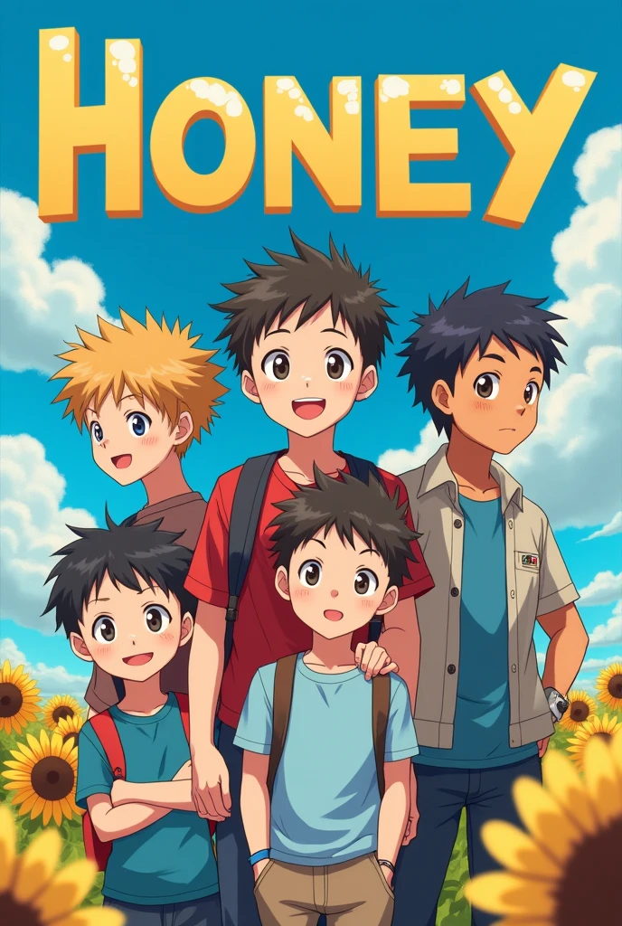 Our anime name is HONEY and we need anime poster name also show in poster 2d anime and in poster 5 boys first boy age is 12 years looking good, friendly, main character , second character age 12 ,silent boy ,third boy is very weak, forth boy is alien and very naughty, fifth boy is very muscular, 2d anime 2d anime High quality
