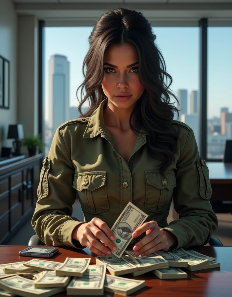 (Photorealism:1.2), sexy woman soldier, She is counting a lot of money.. office.