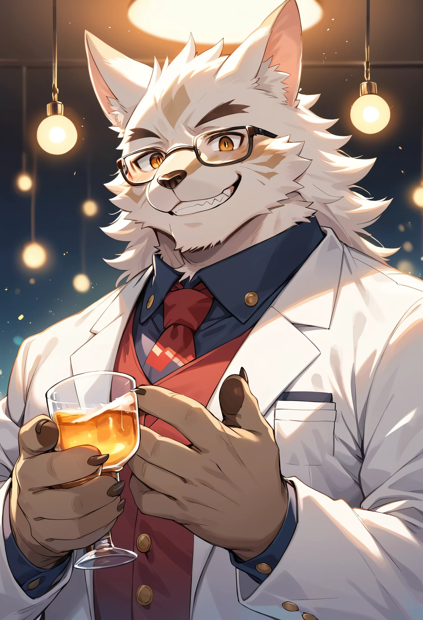 rating_safe, score_9, score_8_up, score_7_up, score_6_up, score_5_up, score_4_up, hires, highres, source_furry, cover page(kemono, furry anthro, angelic handsome 1boy, Smiling embarrassedly, glasses)professor, Lab of a crazy alchemist, chemical that shines, Beautiful lights and shadows,