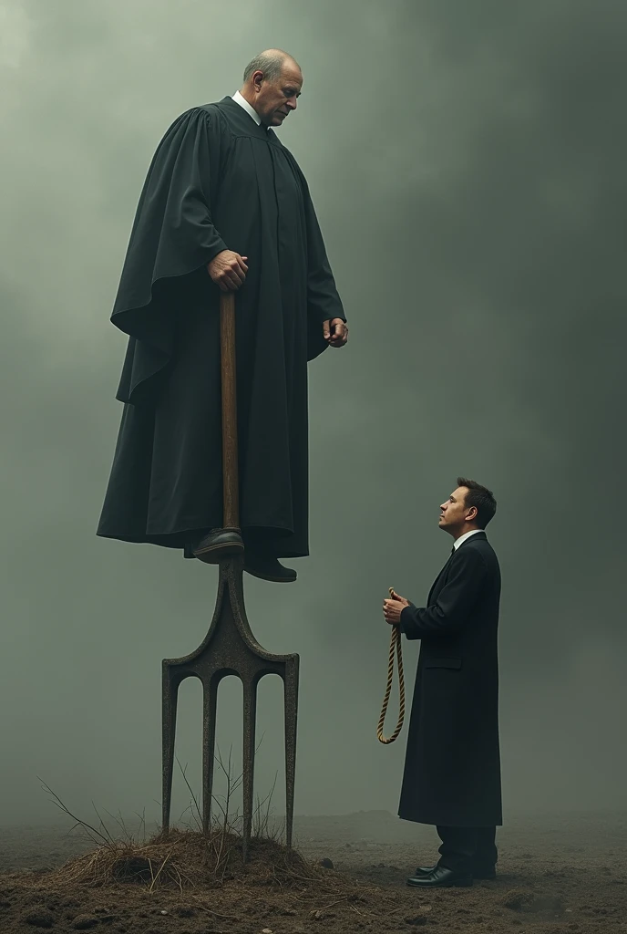 Create an image of Alexandre de Moraes on a pitchfork and Elon Musk holding a rope