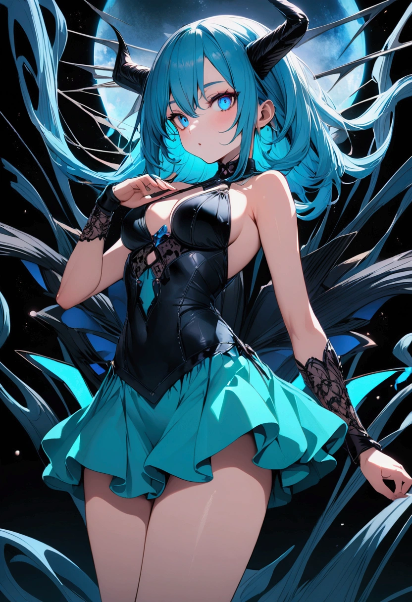 with horns blue eyes hot. Short skirt, black and cyan blouse