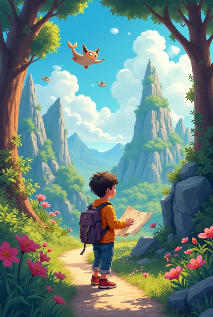 Creating adventurous autistics, Children's book style illustration, I decided to keep a journal to record my surprising discoveries.. He receives a magical invitation to visit Dreamland., A place filled with amazing landscapes and mysterious creatures. With a backpack and a map, Lucas goes on a journey, Meeting unexpected friends along the way.
