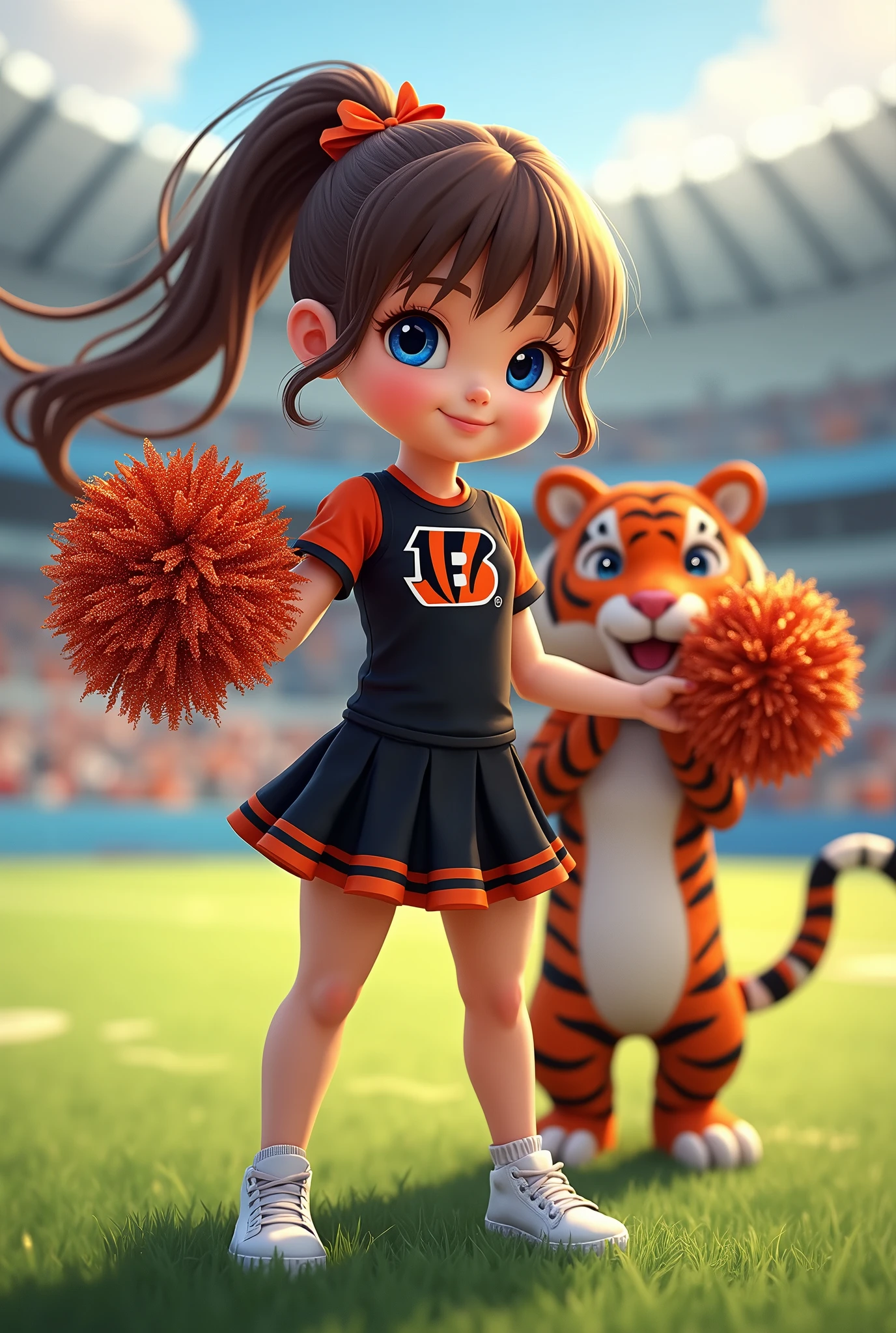 Bengals cheerleader child small breasts
Brown hair, long in ponytail, bangs, blue eyes on football field
Black & orange one piece outfit with Bengals logo with black shoes and no socks hair bow
With tiger
Glittery pompoms
Smiling teeth