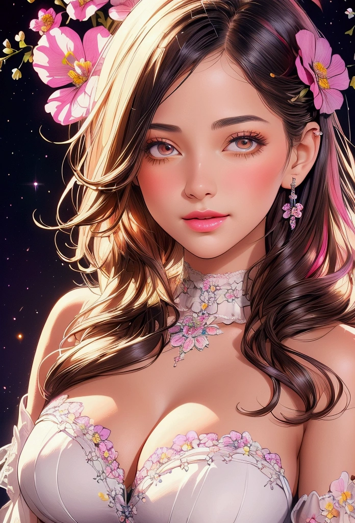 Convert your flower art into a hand-drawn illustration.、Create backgrounds with vibrant colors and unique touches　The type of flower is statice、Gypsophila、sweet pea、Mix in some lace flowers, (arms down), portrait, face portrait, big breasts, cleavage, 