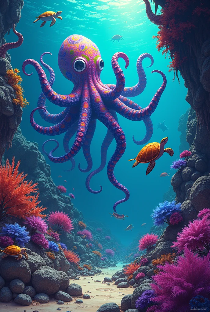 Very psychedelic mushrooms more illustrative on the exaggerated seabed with psychedelic seaweed and turtles and a giant psychedelic octopus