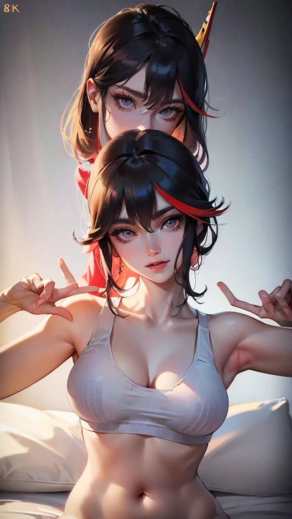 Matoi Ryuuko (Kill la kill), Fleshy thighs, Instagram pose，Dynamic angle, Show armpits, ((Sports bra)), Nipples, C cup, Happy expression, (Entire body image:1.5), (8K, Best quality, A high resolution:1.35), (RAW photo:1.2), (Photorealistic:1.37), (Masterpiece: 1.25), Dramatic lighting, Photon maping, Symmetry, Complexity, Elegance, (1 girl), Large of breast, Long eyelashes, Detailed eyelashes, Eye shadows, Glowing eyes, ((Natural makeup, Clear facial features)), ((Curvy build, Showing stomach)), ((Fine detailed beautiful eyes: 1.2)), Bad girl, Erotic, ((Bed background, Night))