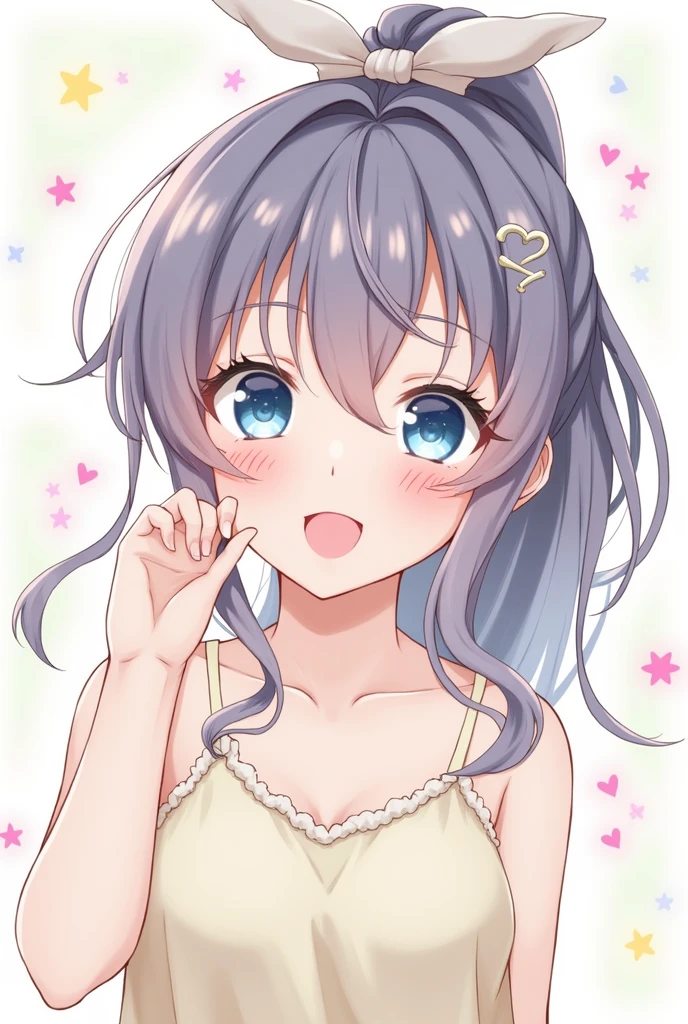 One Girl, Long Hair, smile, ribbon, blue eyes, Textured skin, ponytail, smile, blush, Simple Background, ribbon, Sparkle Effect, anime, Sticking out tongue, Frowning, Drooling,