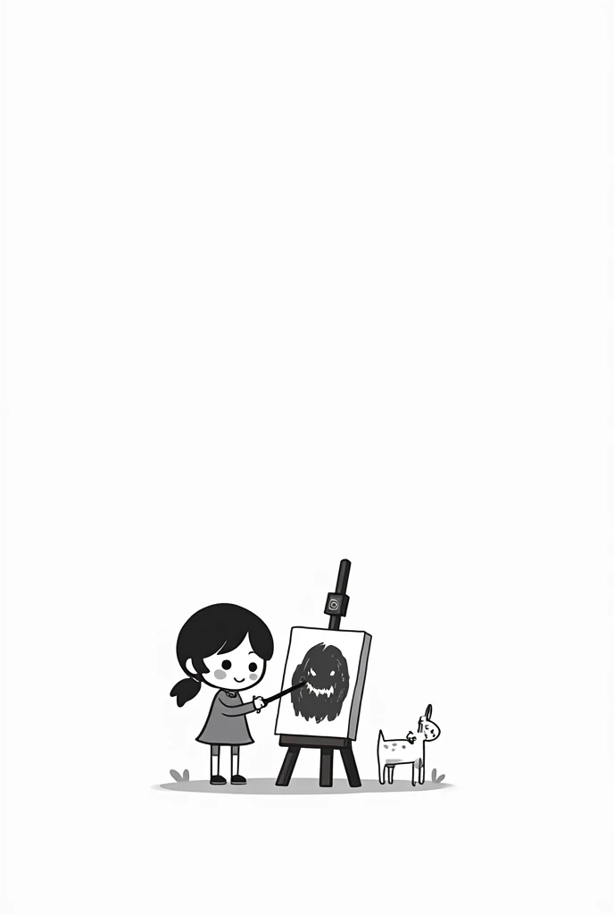 (Most of the background is solid white color.),Simple little cute cartoon girl, doodle, minimalist, black and white, painting on an art canvas on an easel