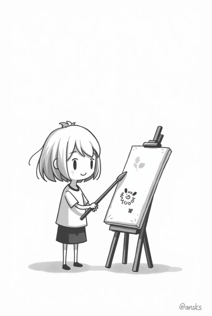 (Most of the background is solid white color.),Simple little cute cartoon girl, doodle, minimalist, black and white, painting on an art canvas on an easel